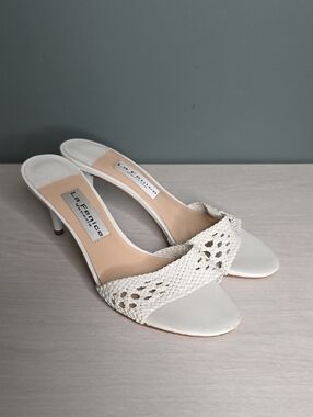White Braided Leather Slide Heels La Fenice Venezia Size 8.5 Bridal, BRIDE